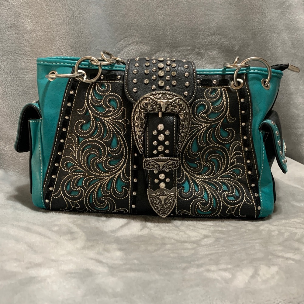 Montana West Shoulder Bag Turquoise Black Embroidered Studded Concealed Carry